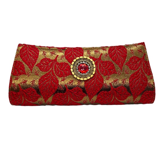 90s Red Floral Brocade Clutch Copper Lurex - image 1