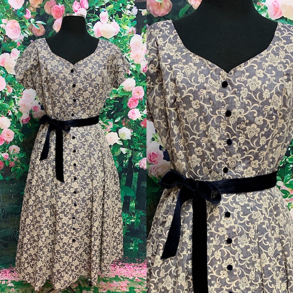 40s Murray White Flocked Blue Dress Velvet Buttons