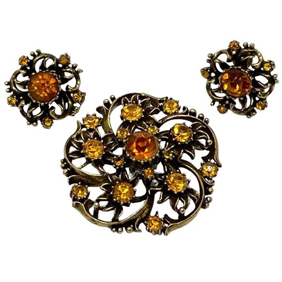 60s Coro Topaz Rhinestone Floral Brooch Earrings