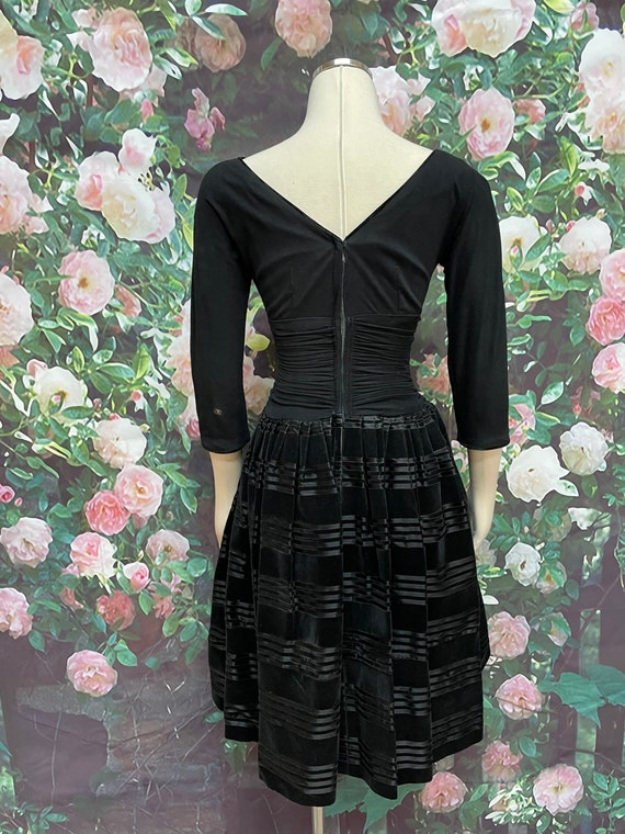 50s Black Velveteen Stripe Dress Fit and Flare - image 8