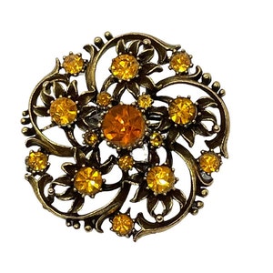 Pu&ograve; includere: Una spilla dorata con un design a spirale con pi&ugrave; strass color ambra.
