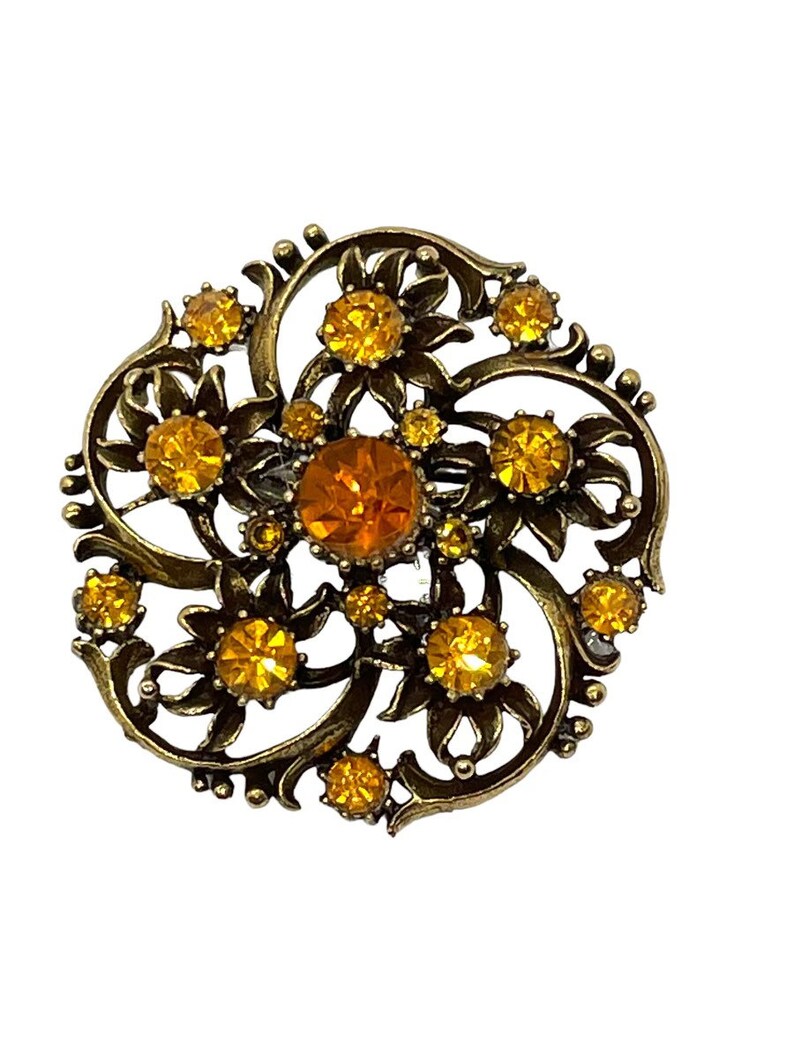 Pu&ograve; includere: Una spilla dorata con un design a spirale con pi&ugrave; strass color ambra.