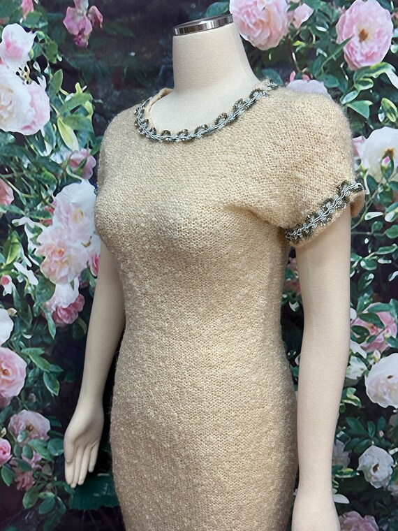 60s Cream Wool Knit Sweater Dress Sequin Trim - image 5