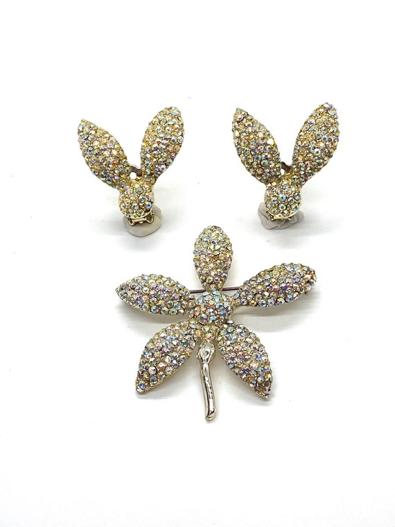 40s AB Pave Rhinestone Flower Brooch Earrings - image 1