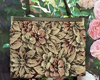 Grand sac à main à motif floral Tapestry années 60 en marron Douvres