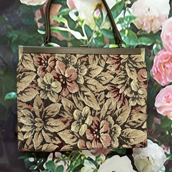 60s Dover Brown Floral Tapestry Handbag Large - image 1