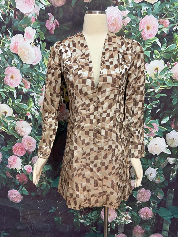 70s Brown Op Art Jacquard Jacket Mod Coat - image 1