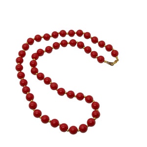 70s Red Plastic Bead Strand Necklace Gold Spacers