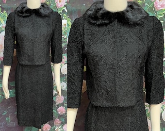 50s Italian Black Ribbon Soutache Skirt Suit Mink Collar