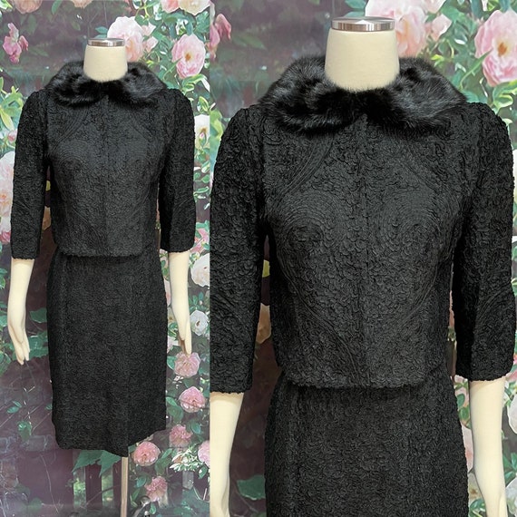 50s Italian Black Ribbon Soutache Skirt Suit Mink… - image 1