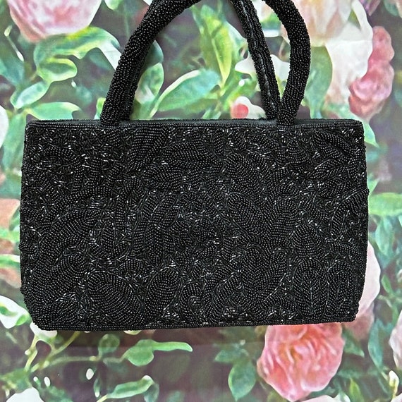 Vintage Black Beaded Tote Bag Double Handle Purse - image 5