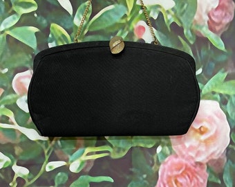 60s Black Fabric Evening Purse Rhinestone Shell Clasp Clutch