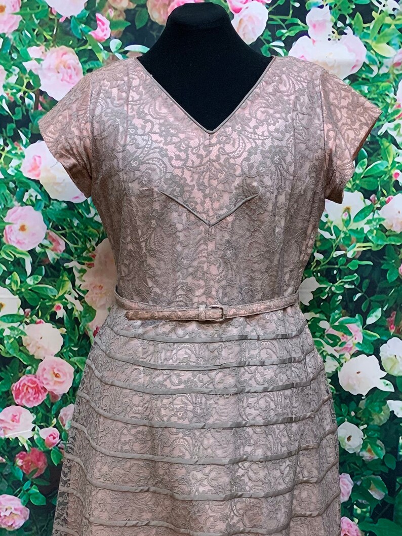 50s Gray Lace Pink Taffeta Dress Plus Size Volup