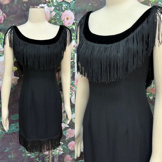 60s Black Fringe Cocktail Dress Velvet Trim