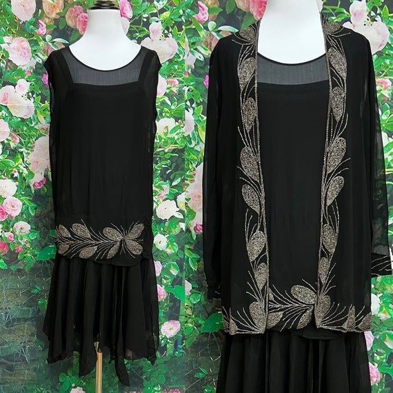 20s Black Sheer Silk Beaded Dress Jacket Flapper - image 1