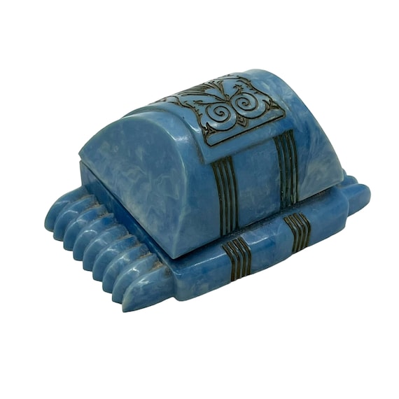 30s Blue Celluloid Ring Box Art Deco Casket - image 2