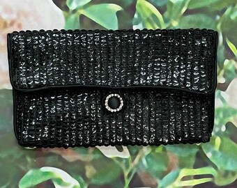 60s Norell Black Sequin Clutch Purse Rhinestone Clasp