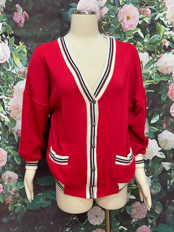 80s Eileen Red Button Down Cardigan Acrylic Large - image 2