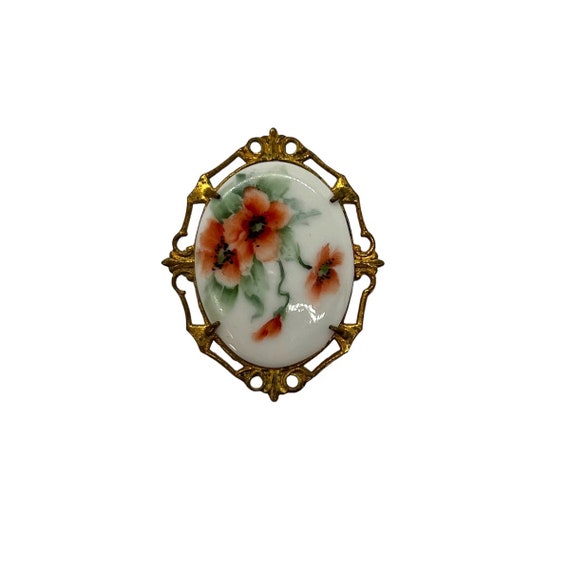 40s Peach Flower Hand Painted Porcelain Brooch Fi… - image 3