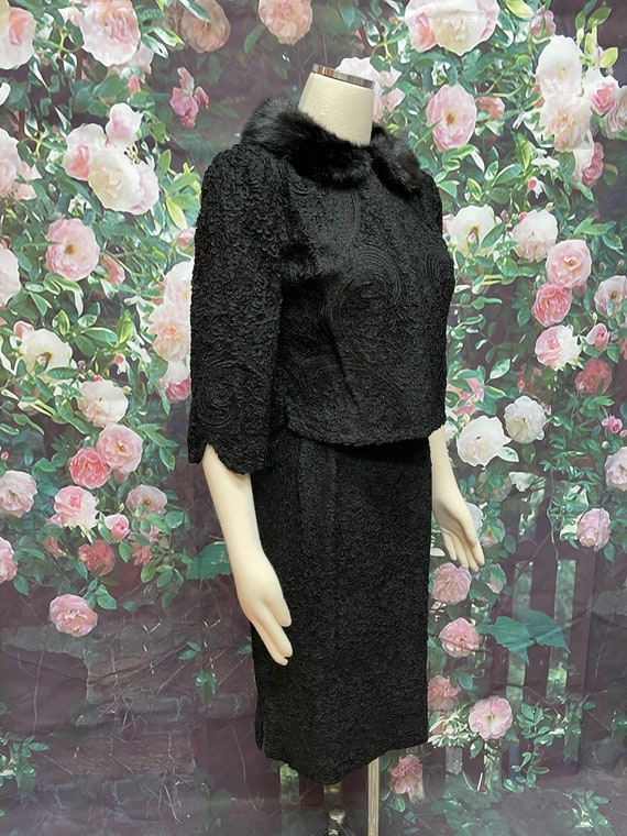 50s Italian Black Ribbon Soutache Skirt Suit Mink… - image 5