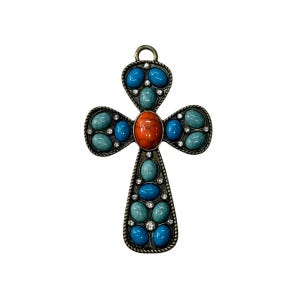 Vintage Large Pectoral Cross Pendant Faux Turquoise Rhinestones