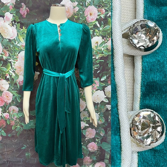 80s David Brown Green Velveteen Zip Robe Rhinestone B… - Gem