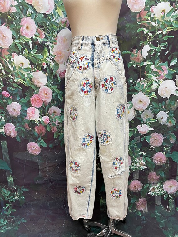 80s Zena Patch Acid Wash Jeans Distressed Nautical Flags