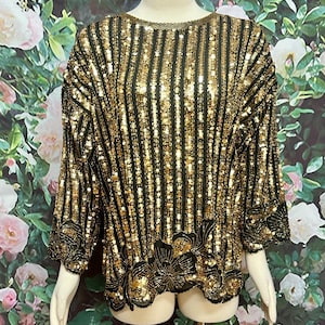 80s Princess Black Gold Sequin Blouse Large