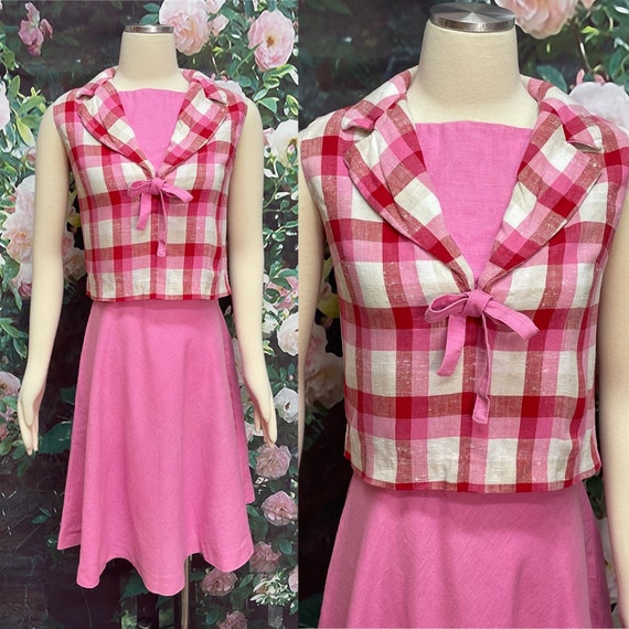 60s Bubblegum Pink Linen Skirt Plaid Blouse XS - image 1