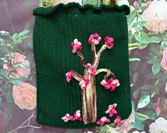 70s Green Crochet Tote Bag Pink Floral Tree Handbag