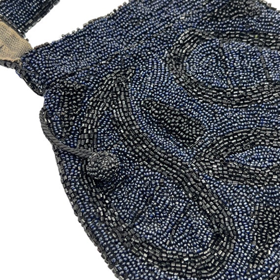 20s Art Deco Blue Micro Bead Drawstring Handbag F… - image 3