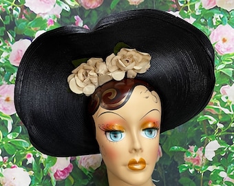 40s Blue Straw Halo Hat Cream Flowers NY Creations