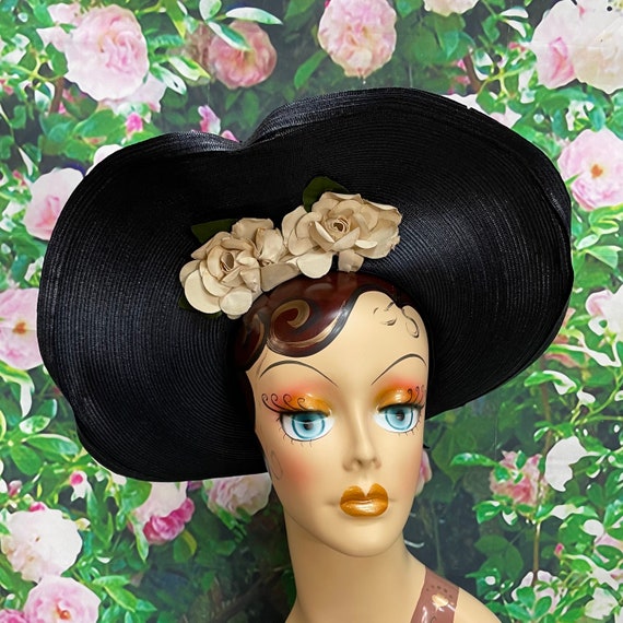 40s Blue Straw Halo Hat Cream Flowers NY Creations - image 1