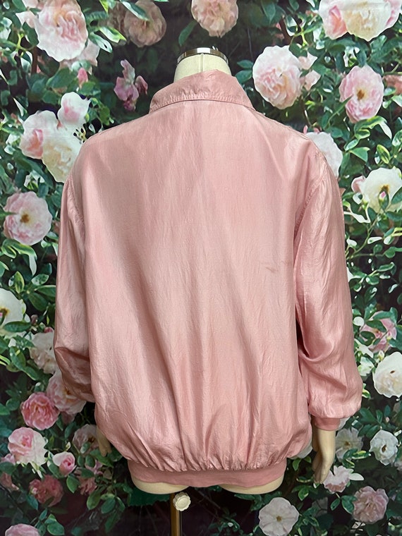 80s Pink Silk Bomber Jacket Zip Front Large - image 6