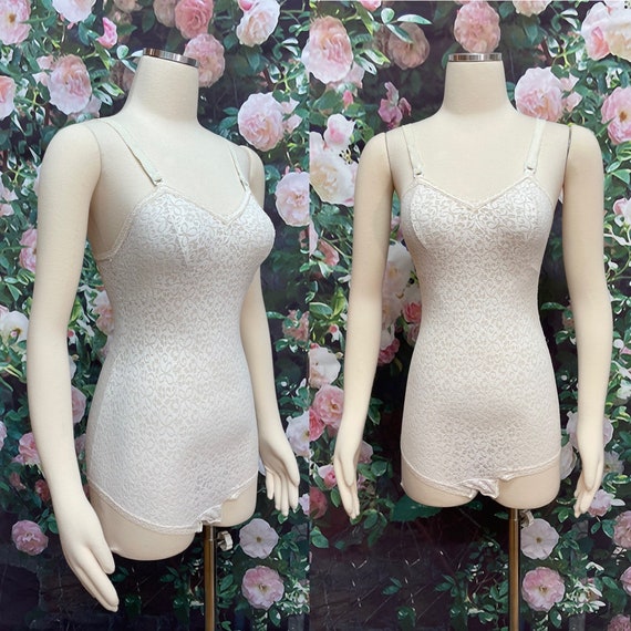 50s Beige Floral Lace Bodysuit Shapewear Empire M… - image 1