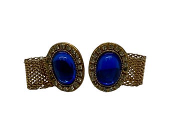 50s Swank Blue Cabochon Gold Mesh Cufflinks Rhinestones