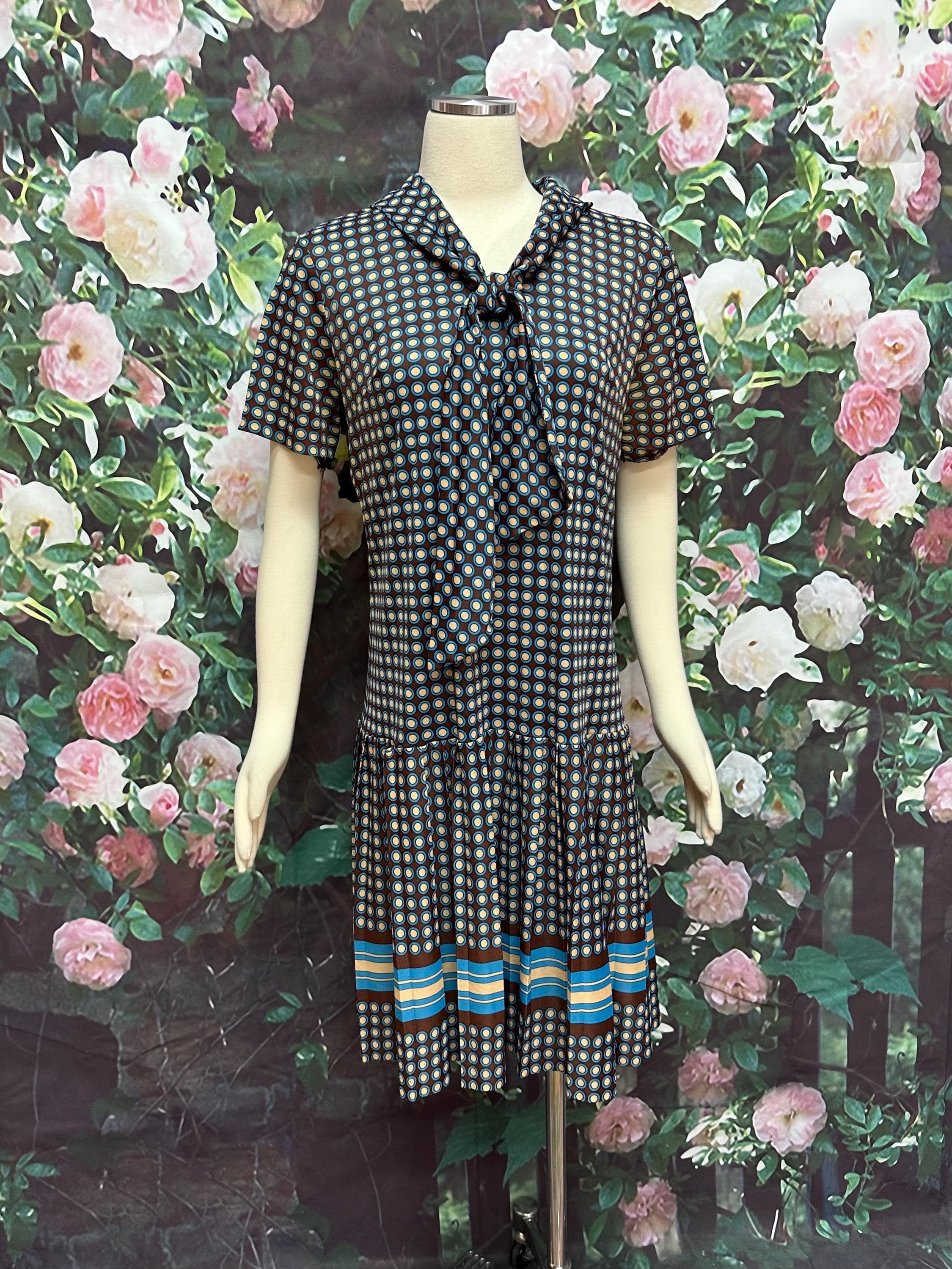 60s Montgomery Ward Brown Polka Dot Dress Dropped Waist Neck Tie