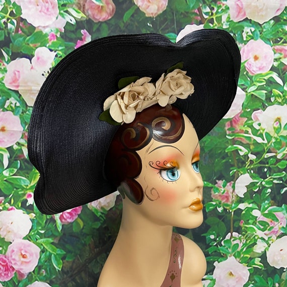 40s Blue Straw Halo Hat Cream Flowers NY Creations - image 2