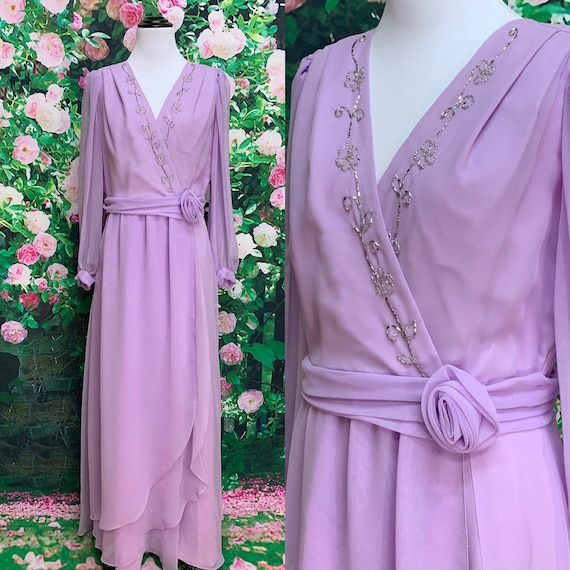 70s Lavender Chiffon Beaded Formal Evening Gown Dr