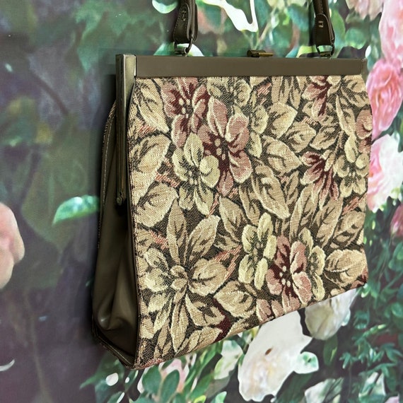 60s Dover Brown Floral Tapestry Handbag Large - image 5