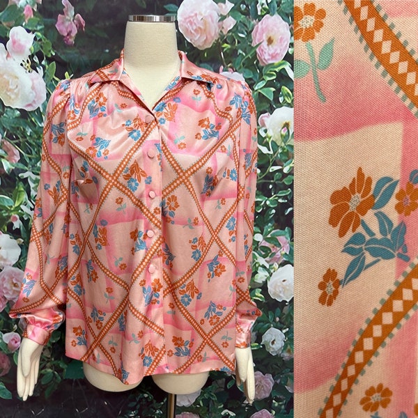 80s Pink Lattice Floral Blouse Polyester XL