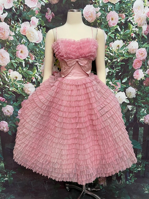 50s Lorrie Deb Pink Chiffon Ruffle Prom Dress Tiered Skirt Etsy