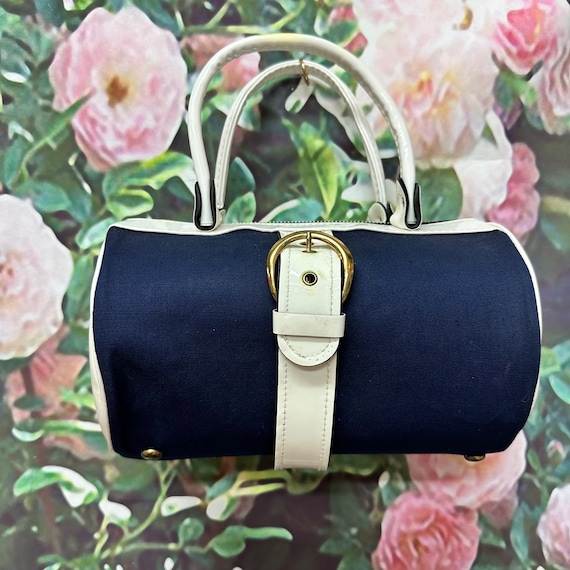 60s Blue Canvas Barrel Purse White Vinyl Strap