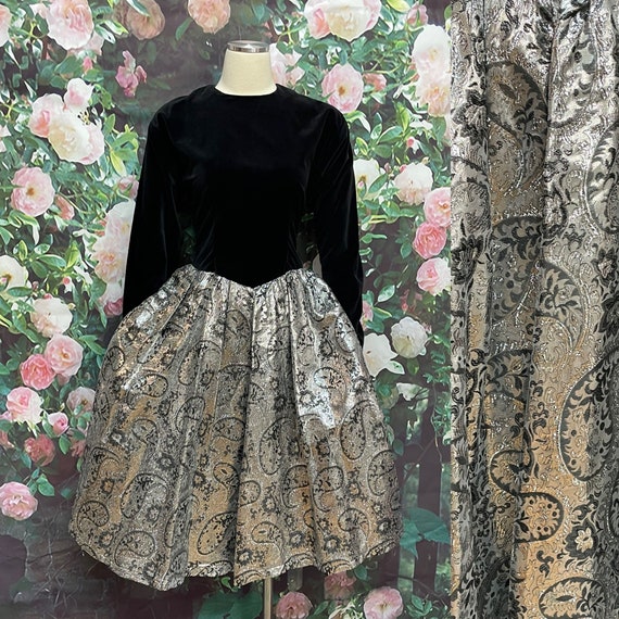 80s Black Velvet Dress Silver Paisley Lame Skirt … - image 1