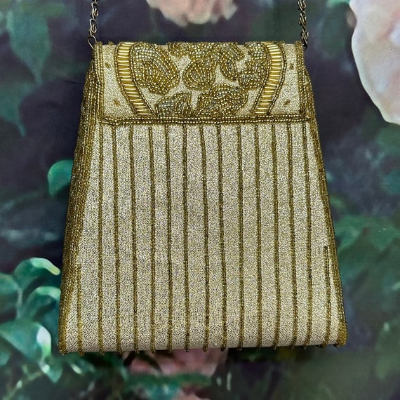 80s La Regale Gold Lame Beaded Box Purse - image 4