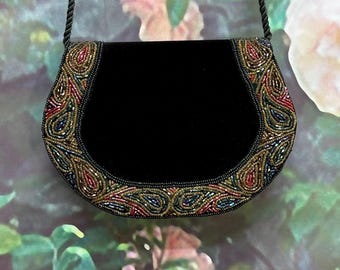80s Black Velvet Beaded Shoulder Purse Formal Handbag