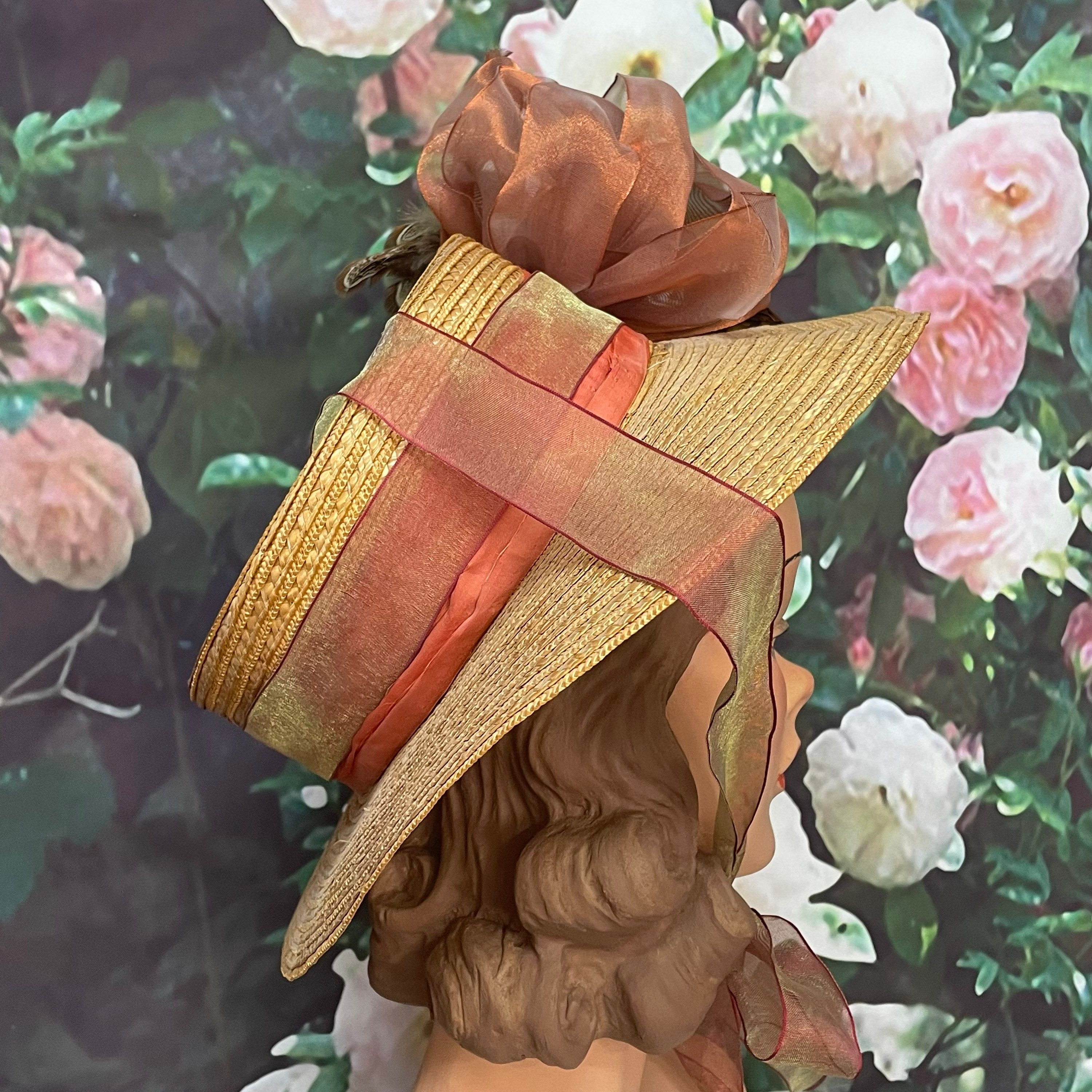 Statement Orange Floral Straw Hat with Feather and Ribbon Accents Fifi Fascinator - Vibrant Two-Tone Lightweight Kentucky  main image 4