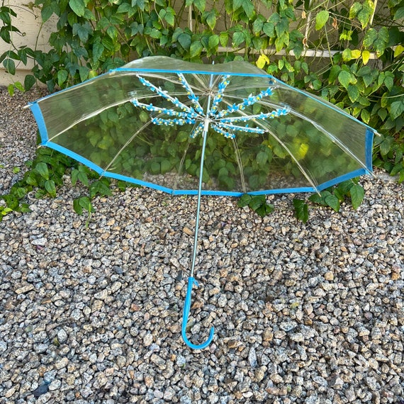 70s Clear Vinyl Umbrella Blue Flowers Gem