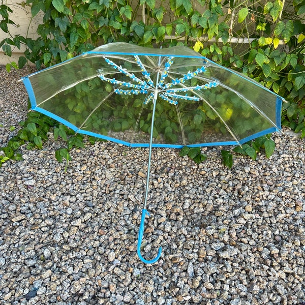 70s Clear Vinyl Umbrella Blue Flowers