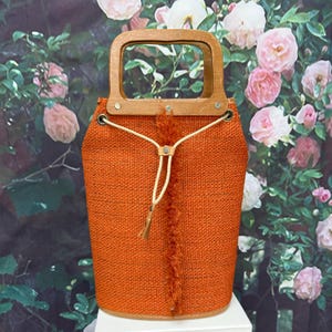 Vintage Orange Raffia Tote Bag Vinyl Lining
